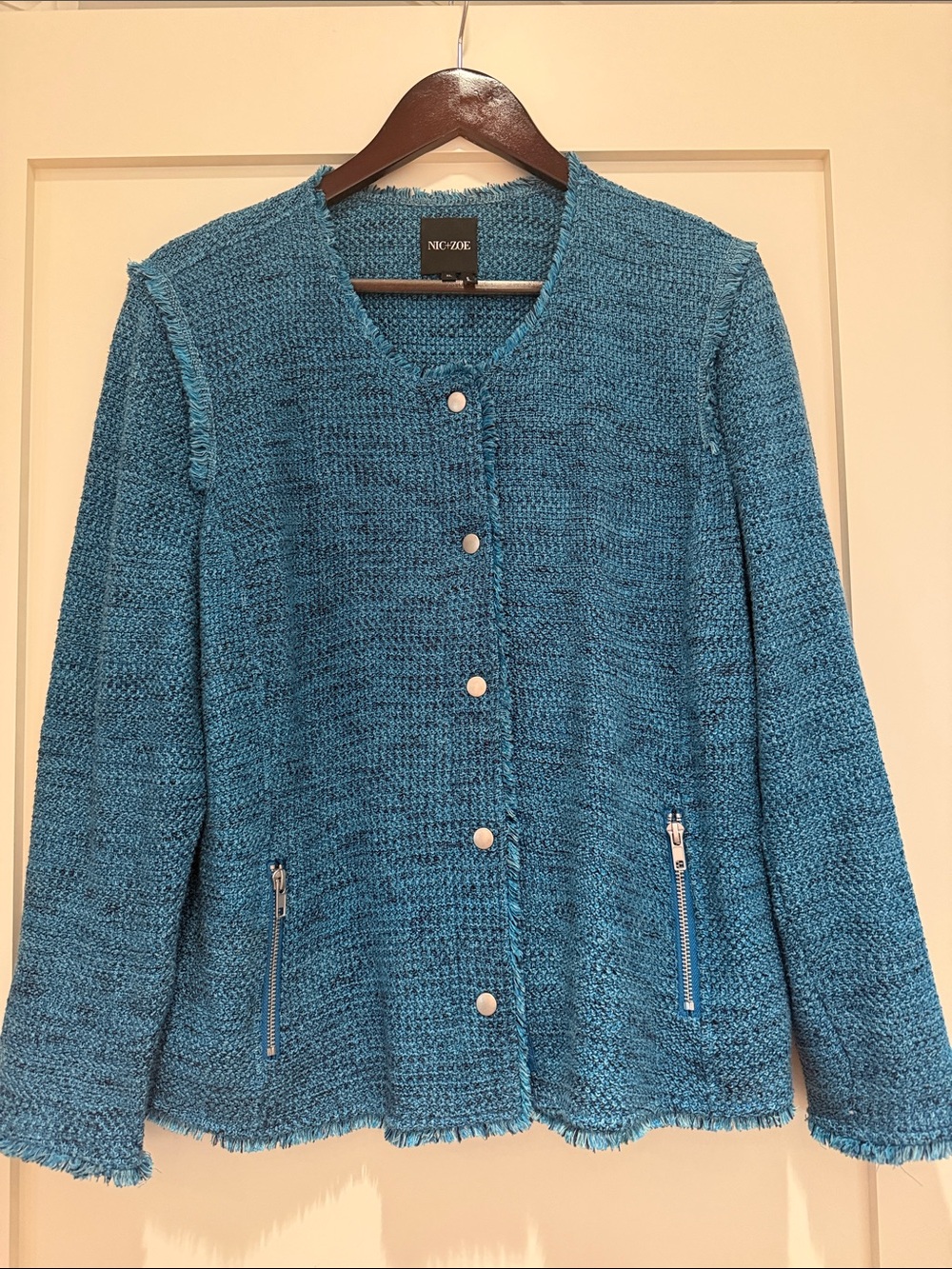 NIC+ZOE Teal Button-Front Fringe Knit Cardigan Blazer with Zip Pockets